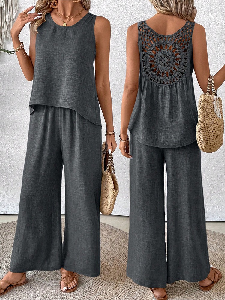 Solid Color Back Hollow Lace Suit Casual Two-Piece Suit