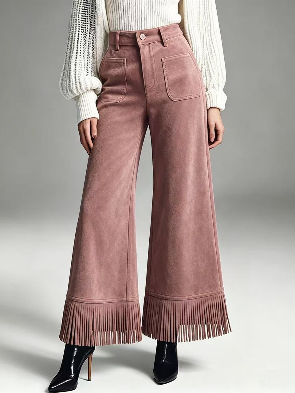 Women's high-waisted faux suede tassel wide-leg pants