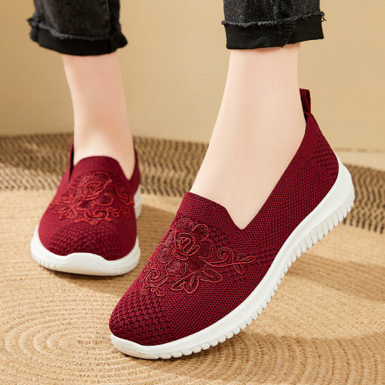 Women's Knitted Embroidery Sneakers, Lightweight Breathable Slip On Orthopedic Soft Sole Shoes