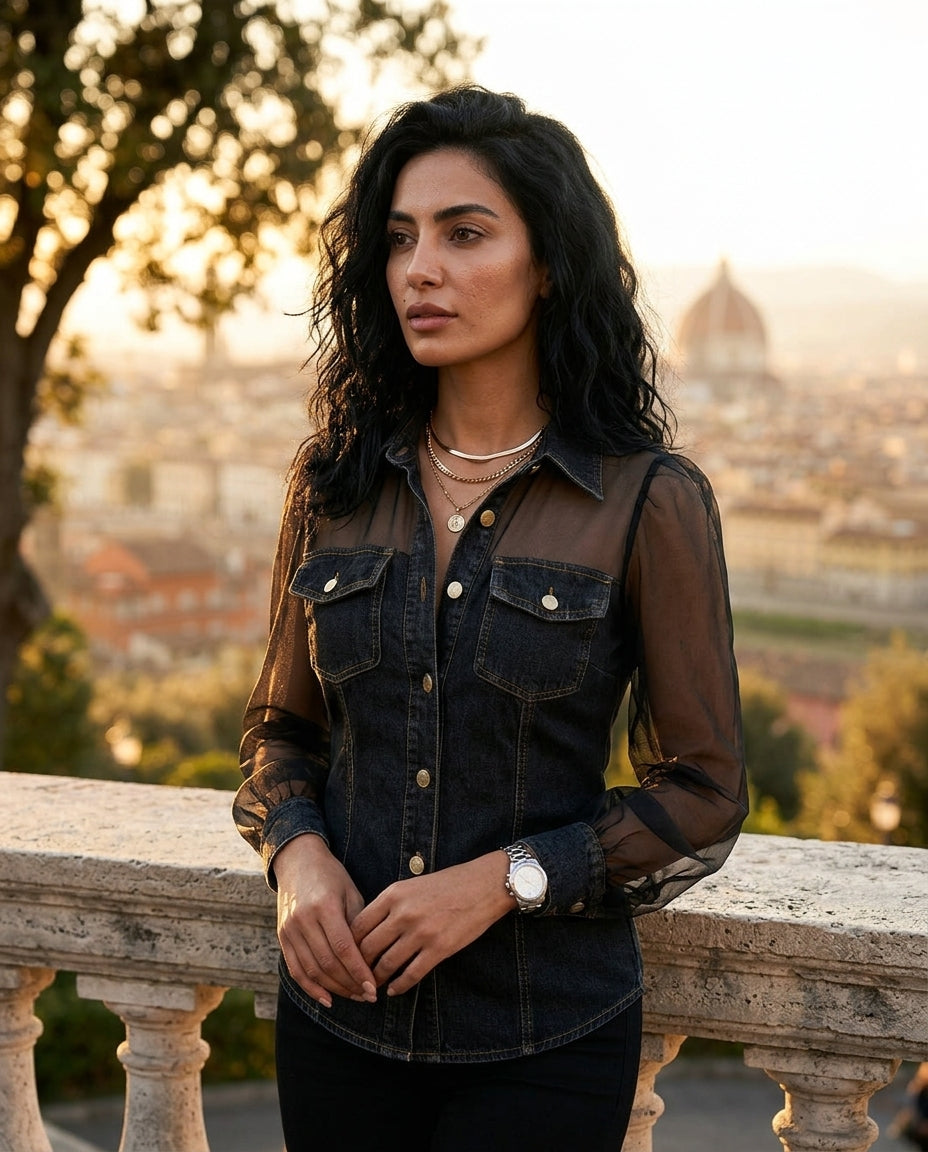 Women's Casual Denim-Style Chiffon Long-Sleeve Top