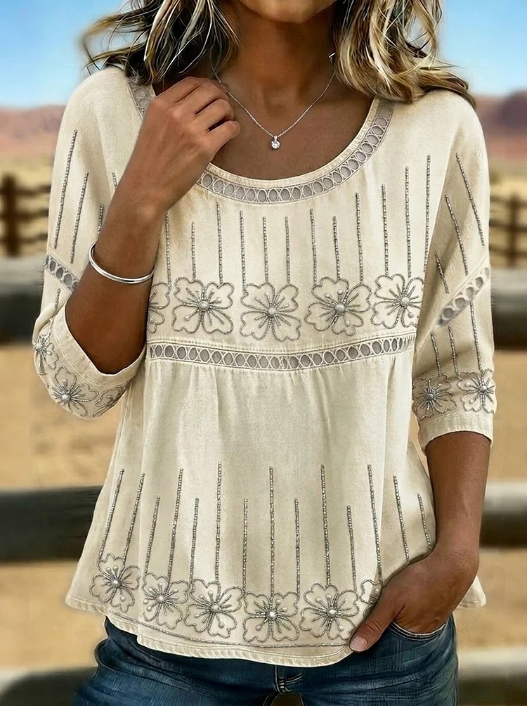 Vintage Floral Art Print Casual 3/4 Sleeves Hollow Denim Shirt