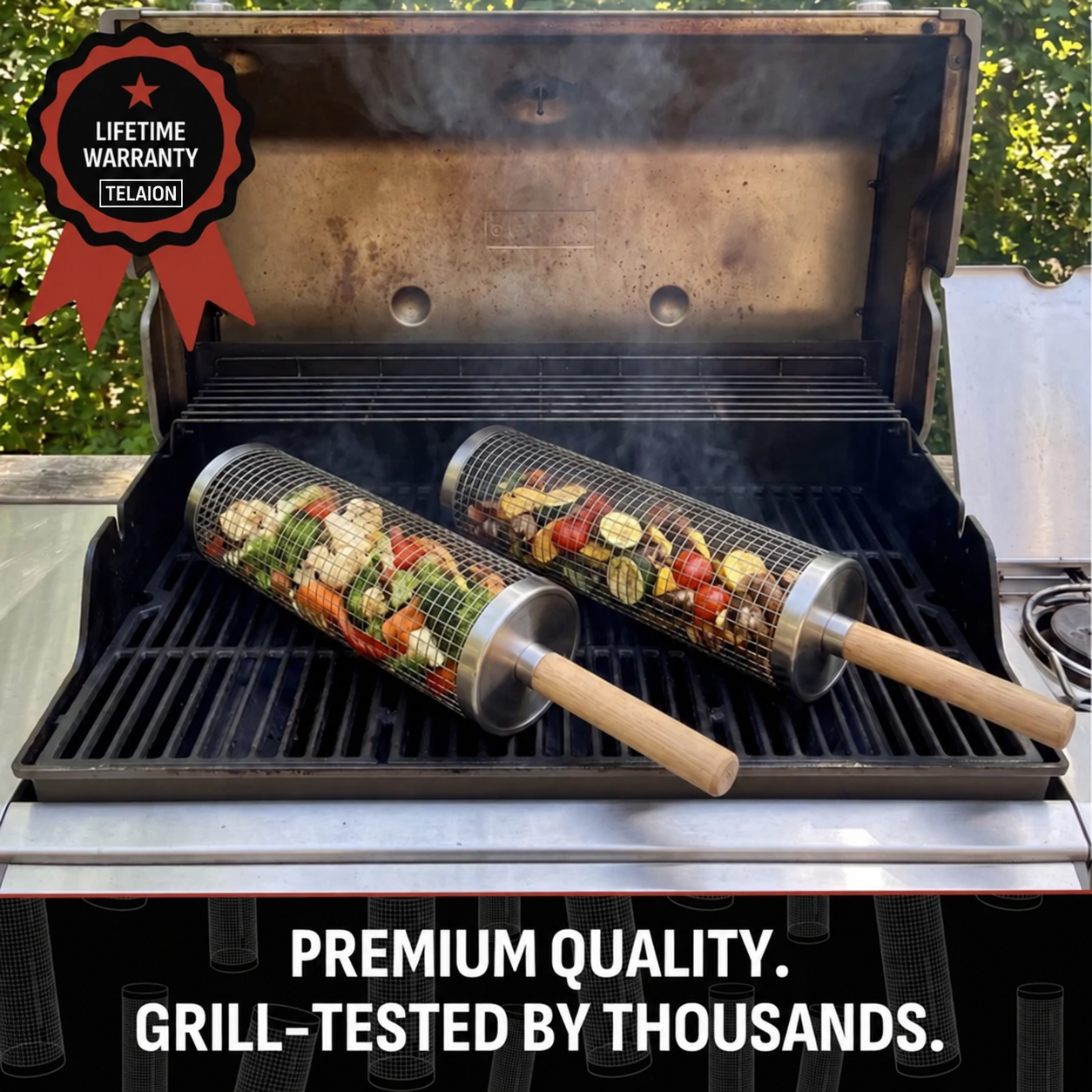 🔥 Hot Seller |Stainless Steel Rolling Grill Basket with Removable Wooden Handle