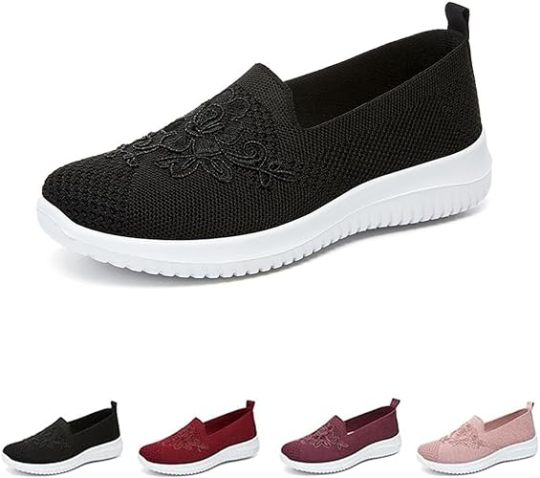 Women's Knitted Embroidery Sneakers, Lightweight Breathable Slip On Orthopedic Soft Sole Shoes