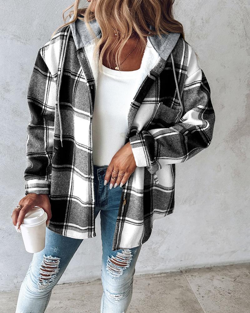 Plaid Pattern Long Sleeve Shacket Button Down Fleece Lined Hooded Jackets Warm Coat
