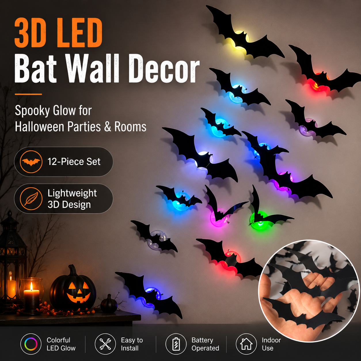 Telaion 3D LED Halloween Bat Wall Decor – Colorful Glowing Flying Bats