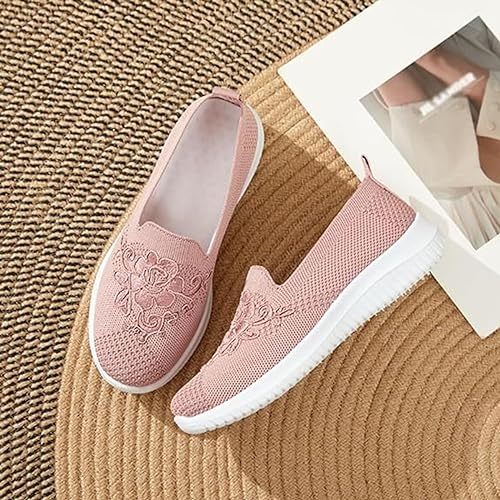 Women's Knitted Embroidery Sneakers, Lightweight Breathable Slip On Orthopedic Soft Sole Shoes