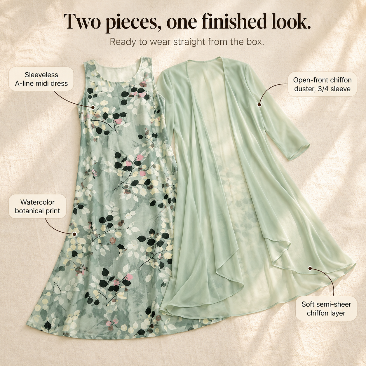 Floral Midi Dress with Sheer Cardigan 2-Piece Set
