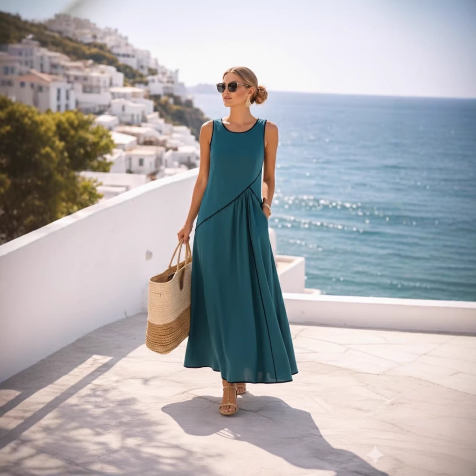 Warmthof | Sleeveless Crew-Neck Color-Block Drapey Maxi Dress