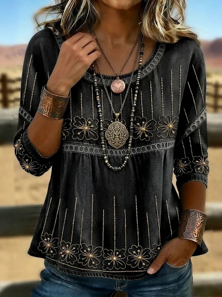 Vintage Floral Art Print Casual 3/4 Sleeves Hollow Denim Shirt
