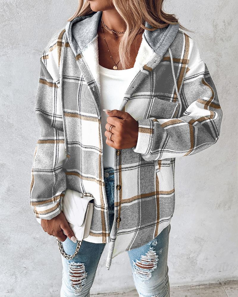 Plaid Pattern Long Sleeve Shacket Button Down Fleece Lined Hooded Jackets Warm Coat