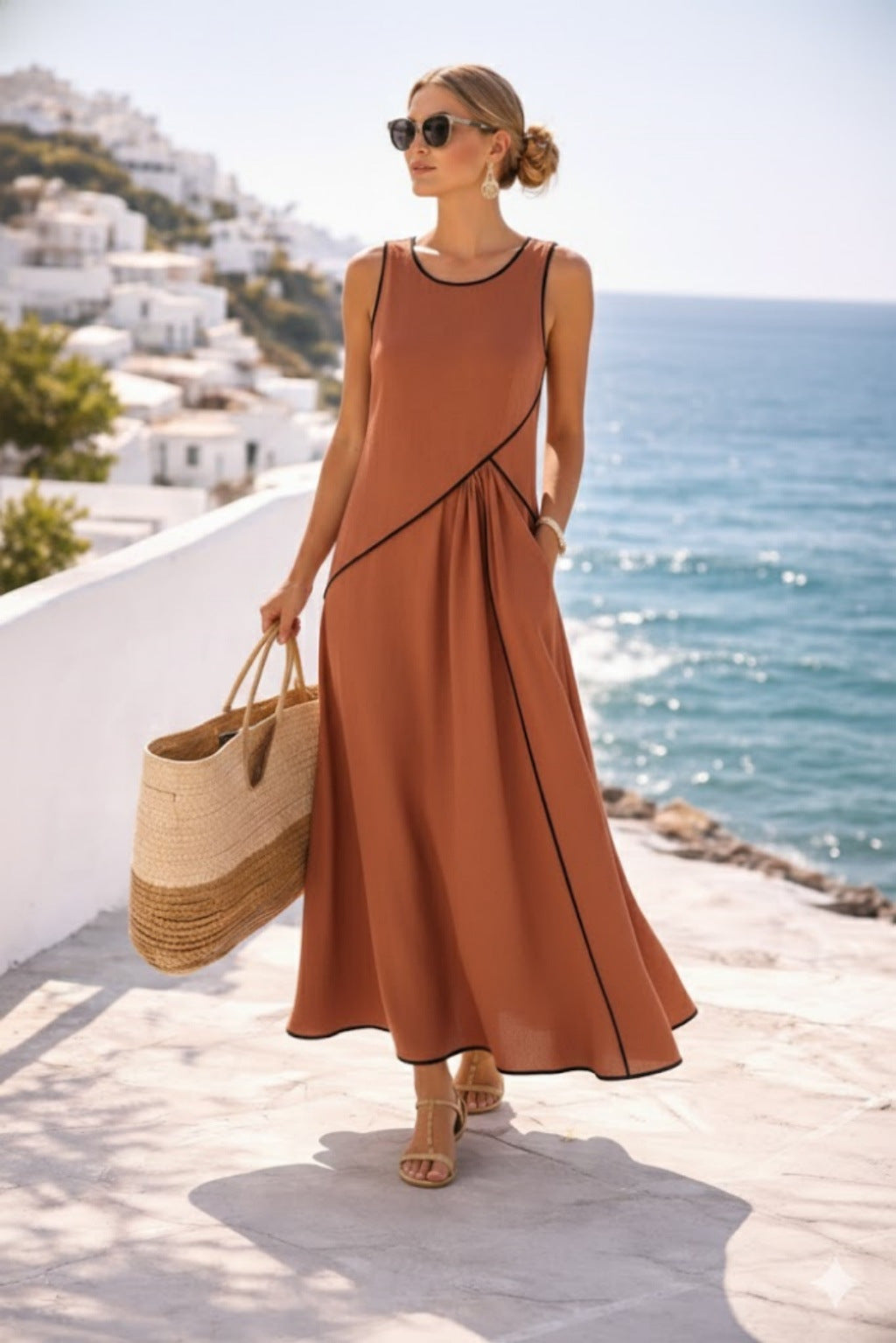 Warmthof | Sleeveless Crew-Neck Color-Block Drapey Maxi Dress