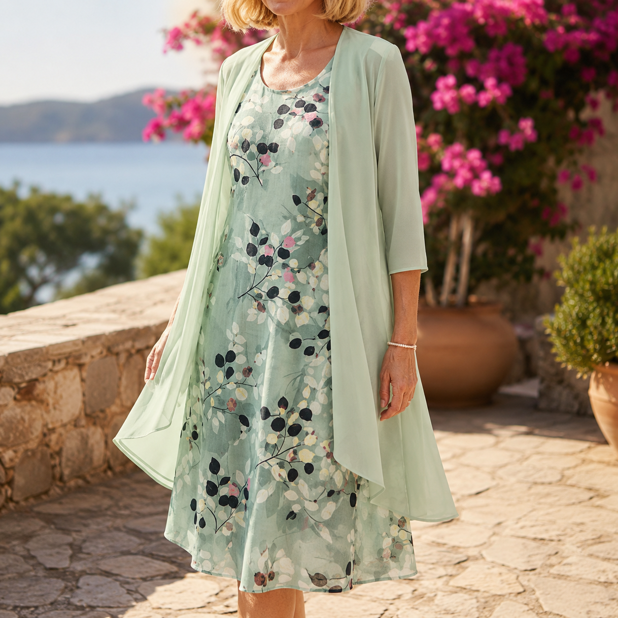 Floral Midi Dress with Sheer Cardigan 2-Piece Set