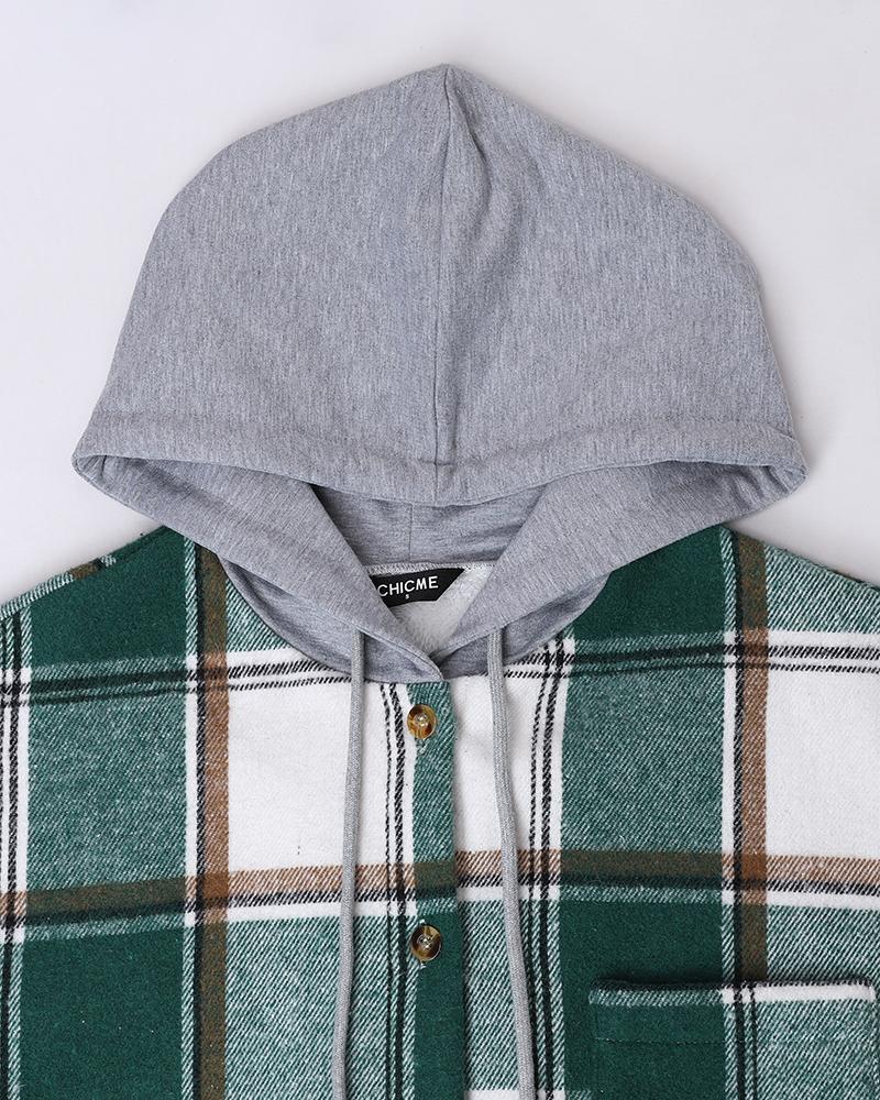 Plaid Pattern Long Sleeve Shacket Button Down Fleece Lined Hooded Jackets Warm Coat