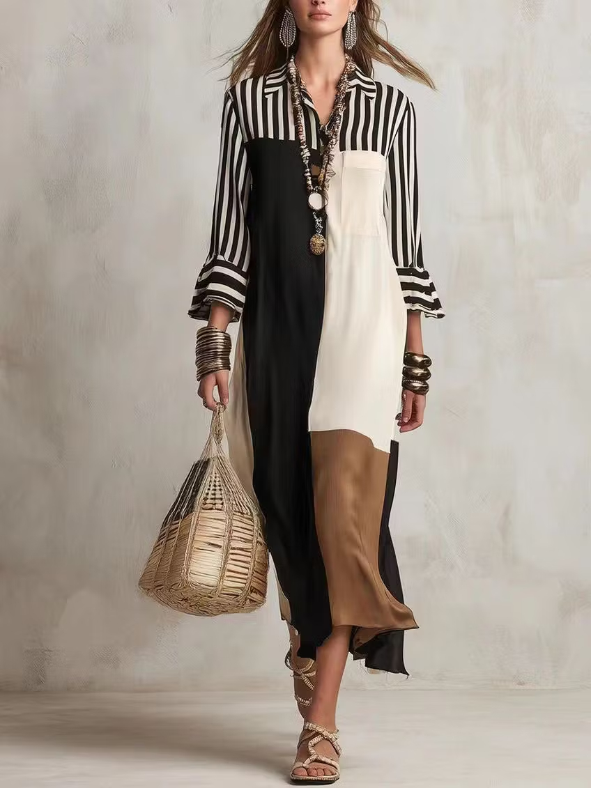 Modern and elegant striped shirt-dress for women, with ¾ length sleeves and a patchwork pattern.