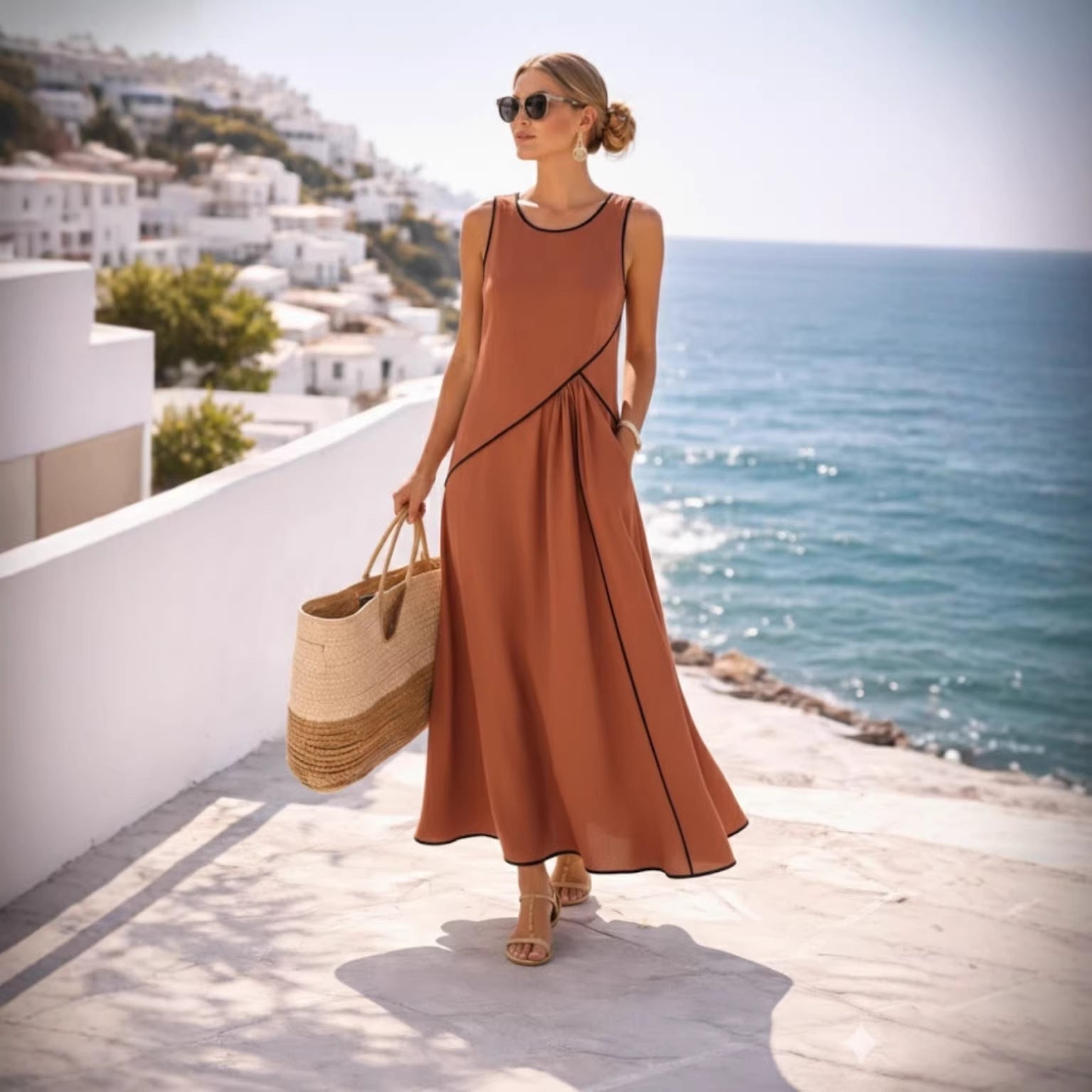 Warmthof | Sleeveless Crew-Neck Color-Block Drapey Maxi Dress