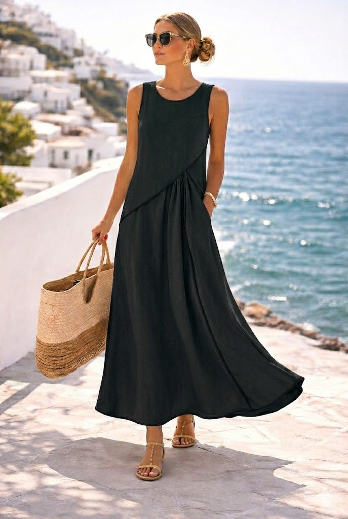 Warmthof | Sleeveless Crew-Neck Color-Block Drapey Maxi Dress