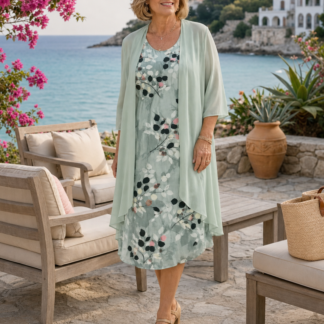 Floral Midi Dress with Sheer Cardigan 2-Piece Set