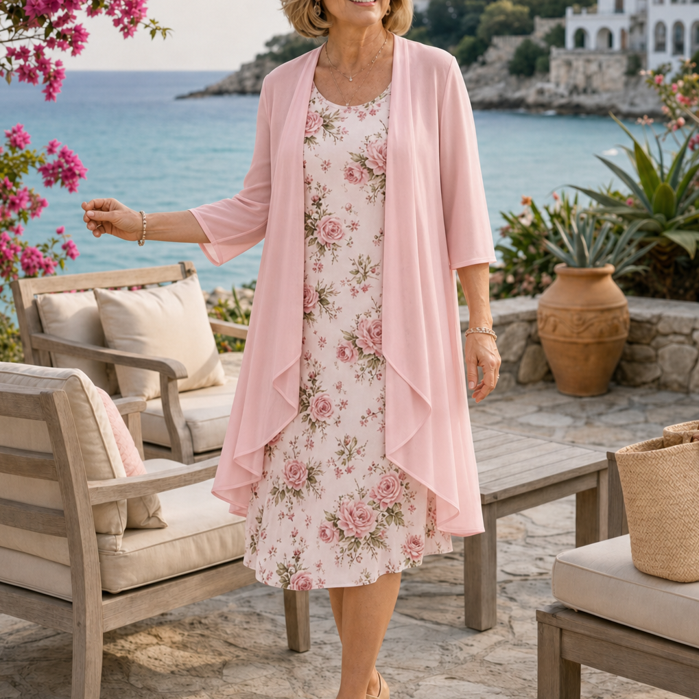 Floral Midi Dress with Sheer Cardigan 2-Piece Set