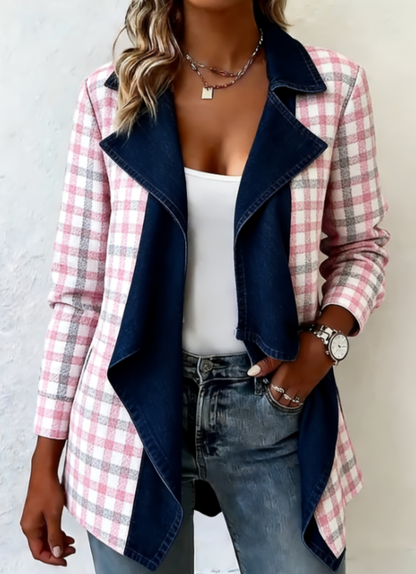 Patchwork Denim Collar Women’s Long-Sleeved Mid-Length Coat