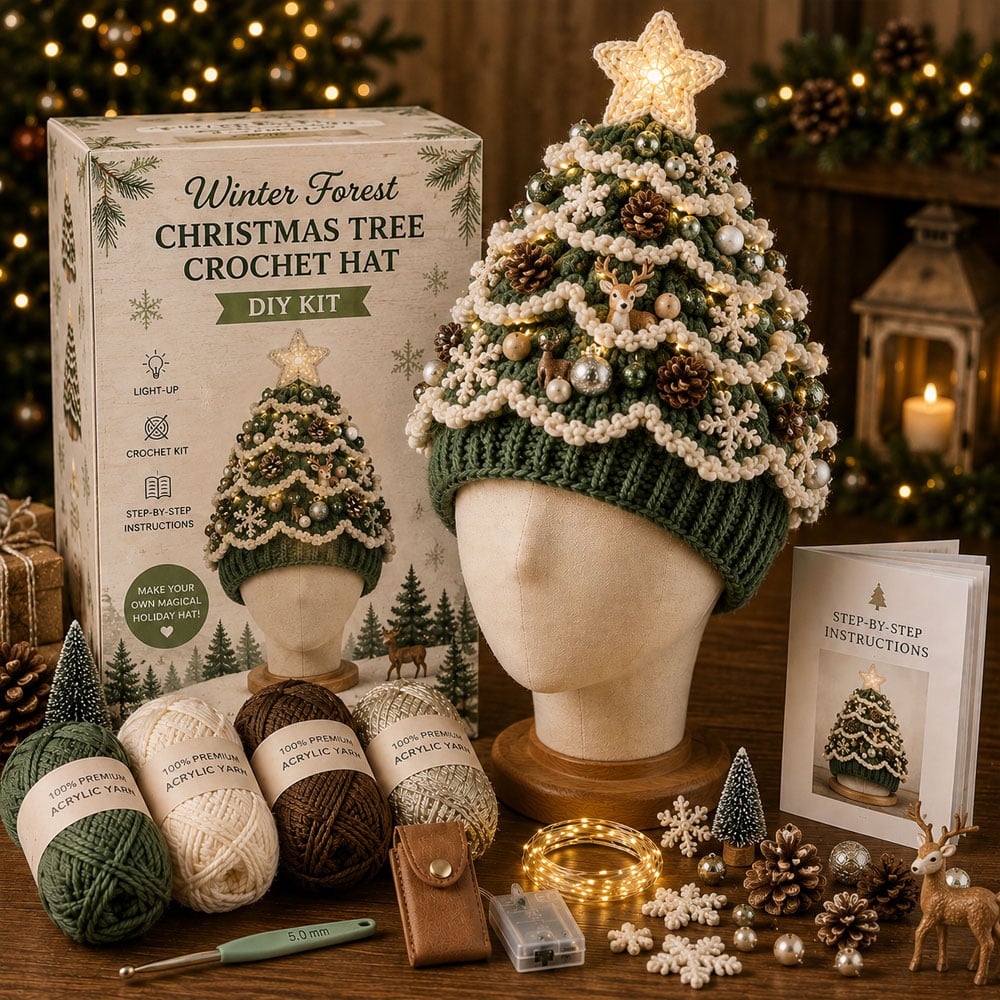  🎄✨Beginner-Friendly Light-Up Christmas Tree Crochet Hat DIY Kit