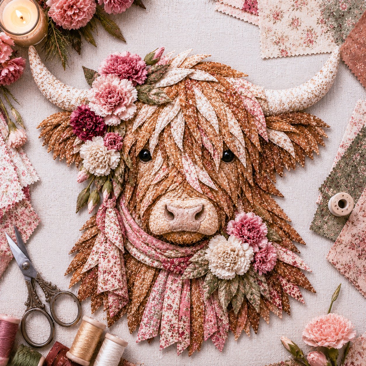 🐮💐🌸 Birth Flower Highland Cow 3D Layered Fabric Art DIY Kit 🔥 
