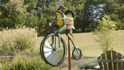 Frogs on a Penny-Farthing wind spinner spinning in the garden