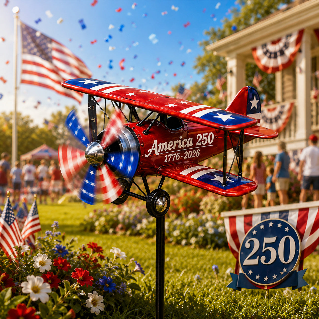 USA 250th Anniversary Biplane Garden Wind Spinner