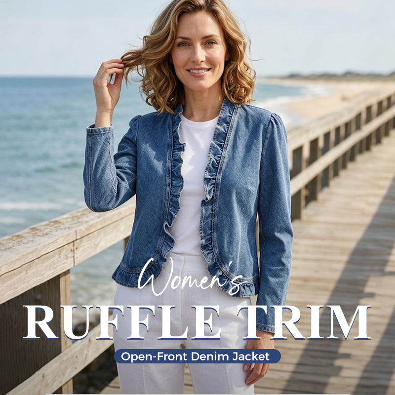 🥳2026 HOT SALE🥳💞50K+ SOLD!👵☀️ 58% OFF! Open-Front Denim Jacket – No buttons, easy on/off. Flattering ruffle trim, breathable fabric. Classic blue wash. A versatile wardrobe staple. 🌿✅