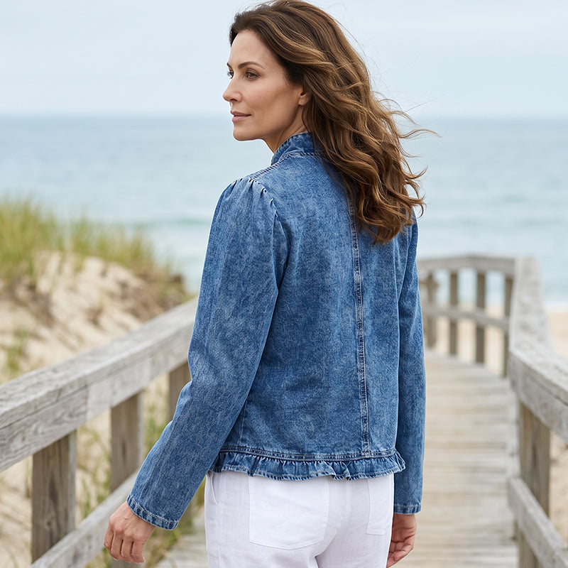 🥳2026 HOT SALE🥳💞50K+ SOLD!👵☀️ 58% OFF! Open-Front Denim Jacket – No buttons, easy on/off. Flattering ruffle trim, breathable fabric. Classic blue wash. A versatile wardrobe staple. 🌿✅