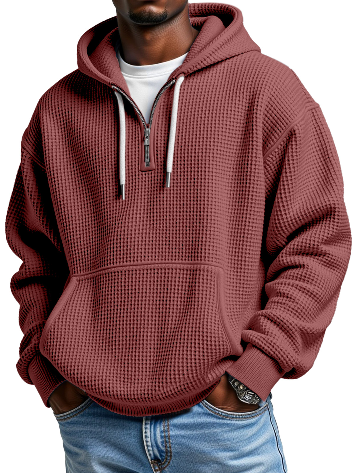 Black Friday Early Sale - Men's Casual Solid Color Waffle Zipper Long Sleeve Hooded Sweatshirt