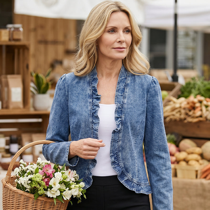 🥳2026 HOT SALE🥳💞50K+ SOLD!👵☀️ 58% OFF! Open-Front Denim Jacket – No buttons, easy on/off. Flattering ruffle trim, breathable fabric. Classic blue wash. A versatile wardrobe staple. 🌿✅