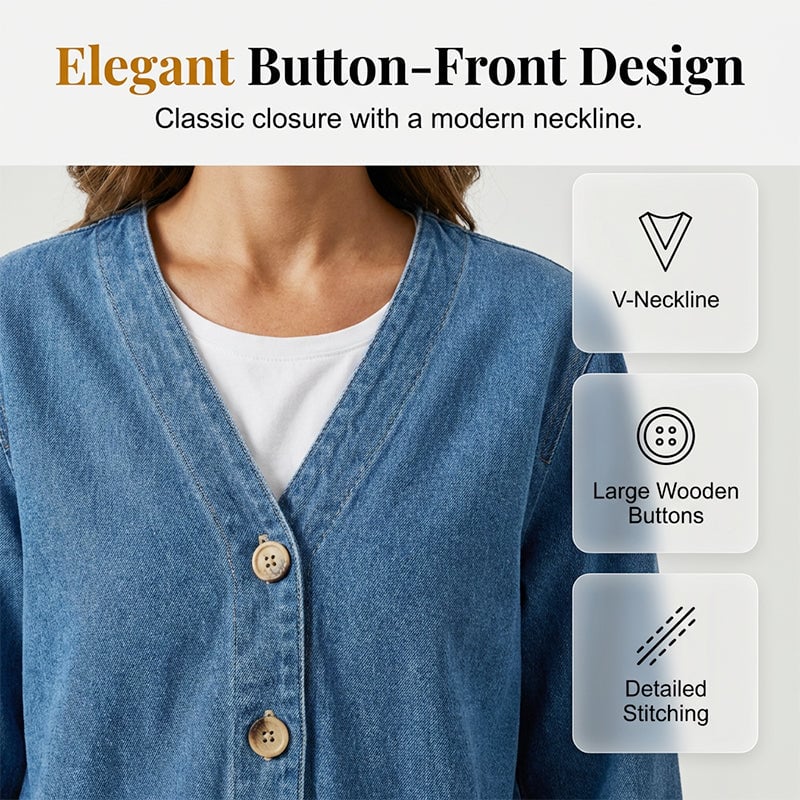 🧥 50% OFF NOW! ✨ Women's Classic Button Front Denim Jacket – V-Neck, Breathable Fabric & Relaxed Fit 💙