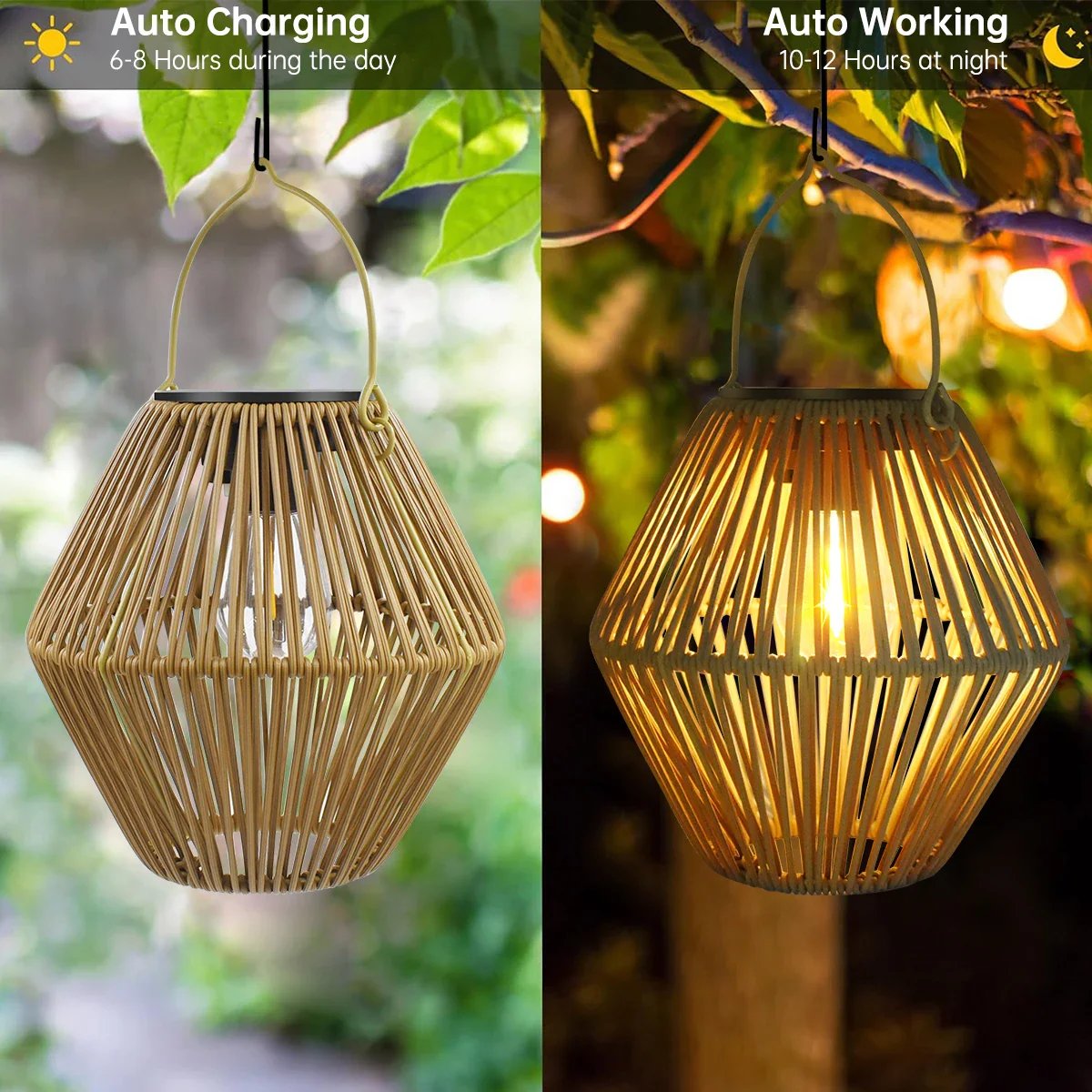 ✨ Solar Woven Boho Lanterns ✨ | Warm Natural Light, Waterproof, Auto Dusk-to-Dawn