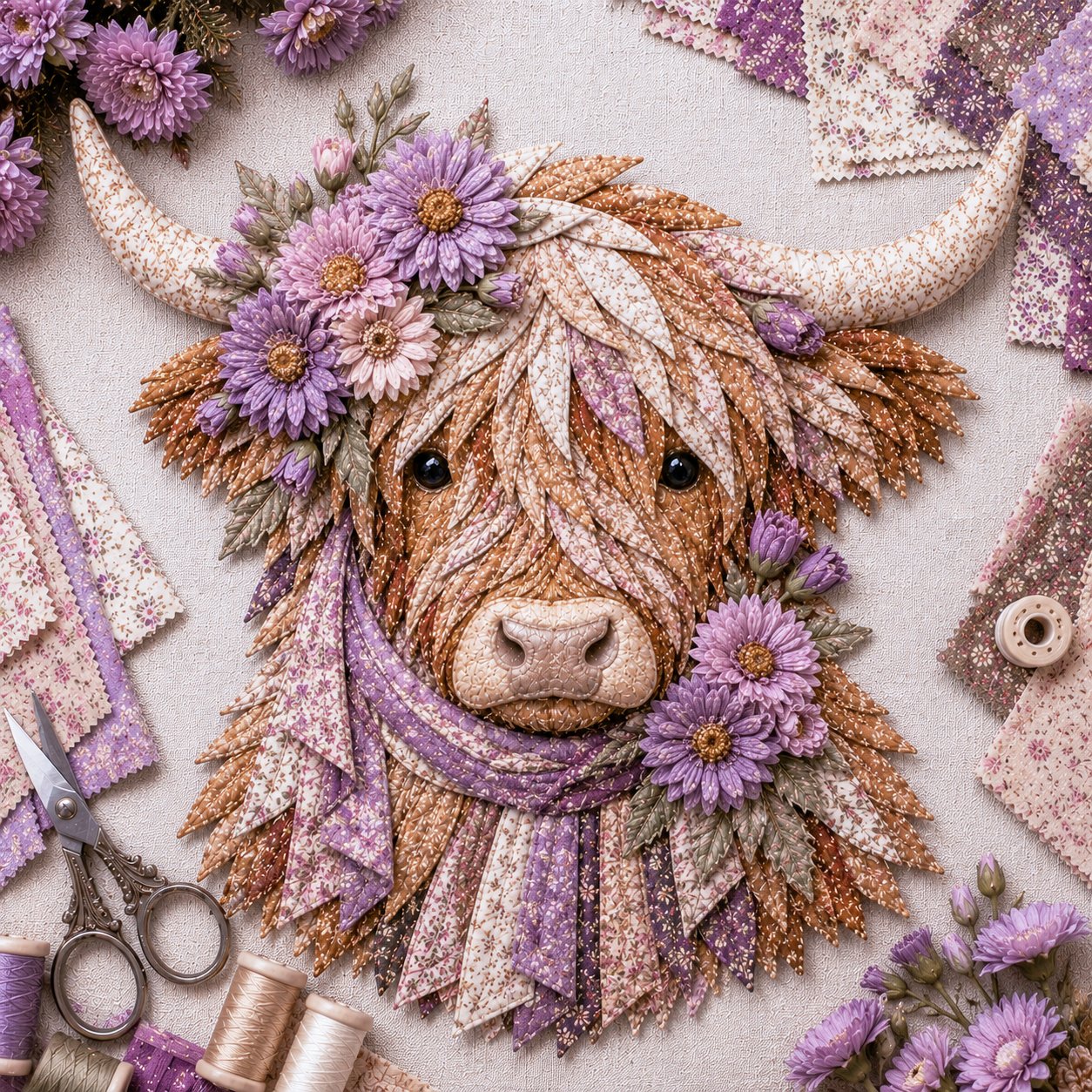 🐮💐🌸 Birth Flower Highland Cow 3D Layered Fabric Art DIY Kit 🔥 