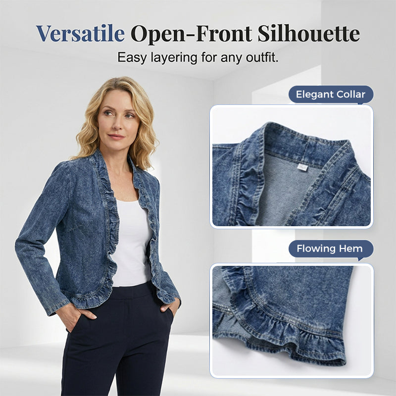 🥳2026 HOT SALE🥳💞50K+ SOLD!👵☀️ 58% OFF! Open-Front Denim Jacket – No buttons, easy on/off. Flattering ruffle trim, breathable fabric. Classic blue wash. A versatile wardrobe staple. 🌿✅