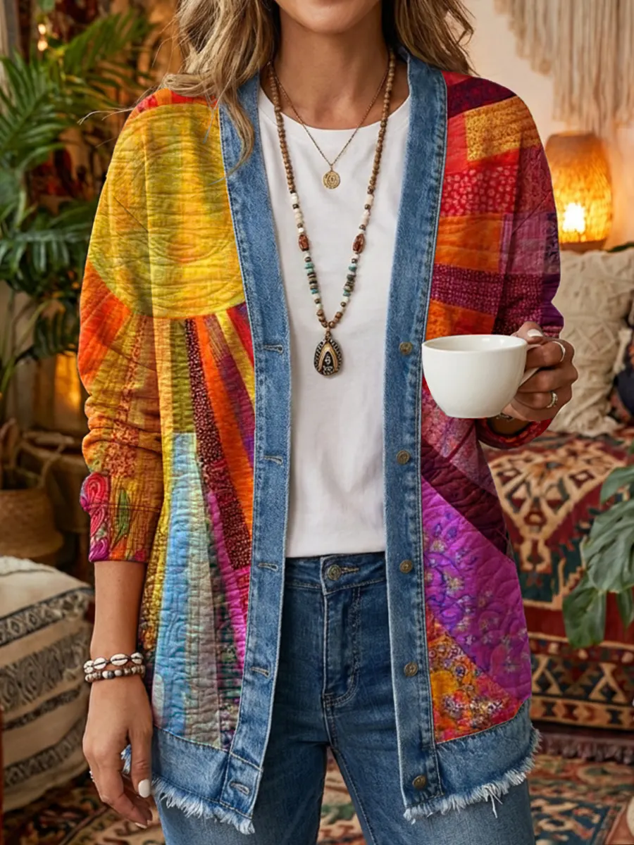 Vintage Sun Patchwork Women's Art Print Casual Long Sleeve Shirt Coat