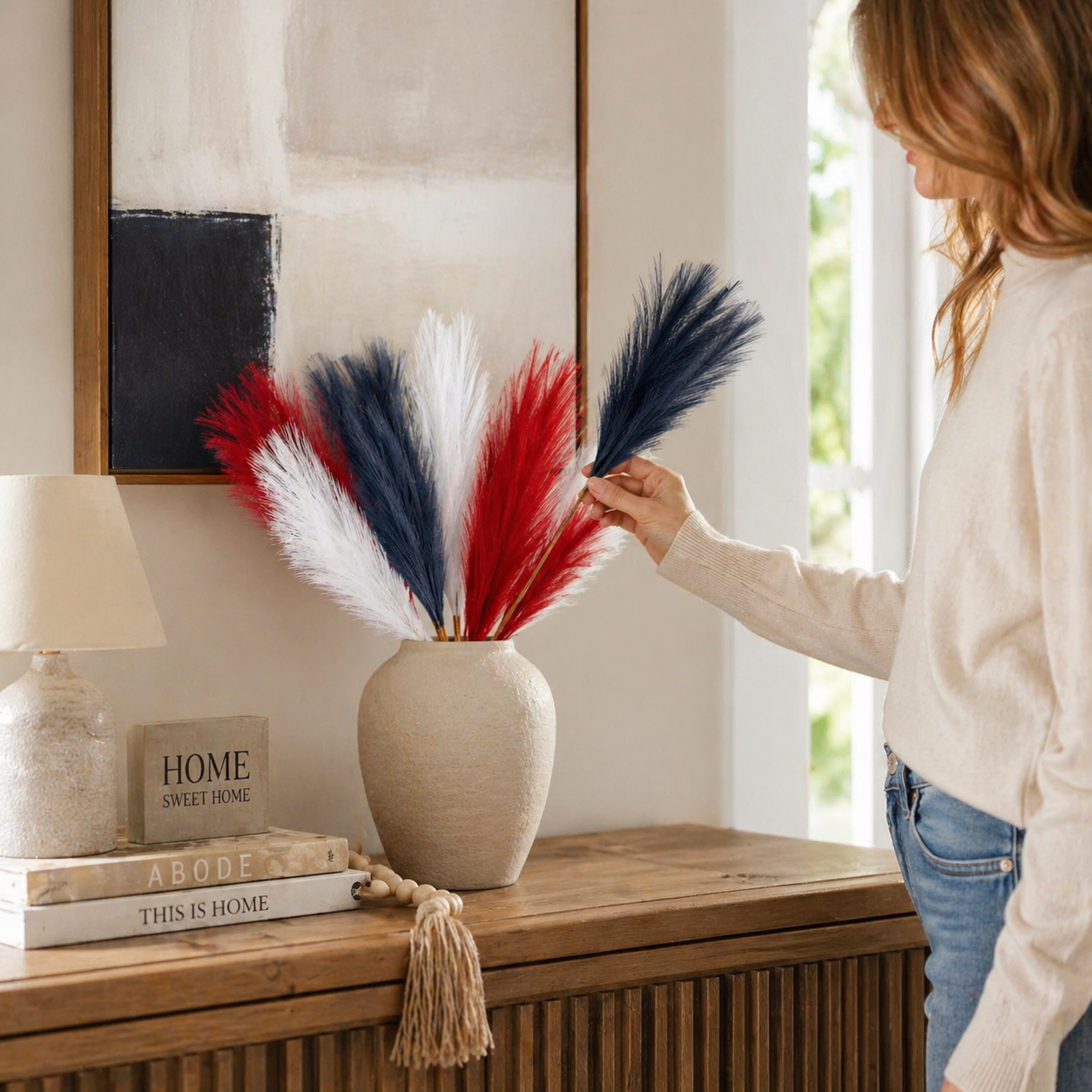 Patriotic Independence Day Decoration - Red, White and Blue Artificial Pampas Grass