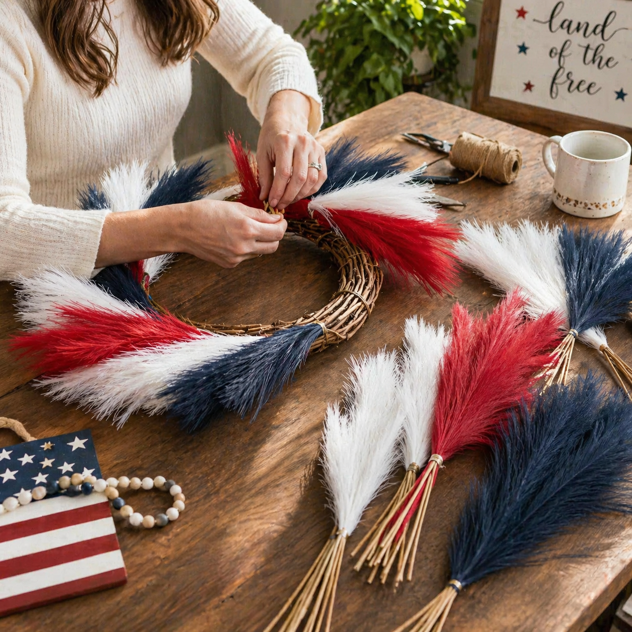 Patriotic Independence Day Decoration - Red, White and Blue Artificial Pampas Grass