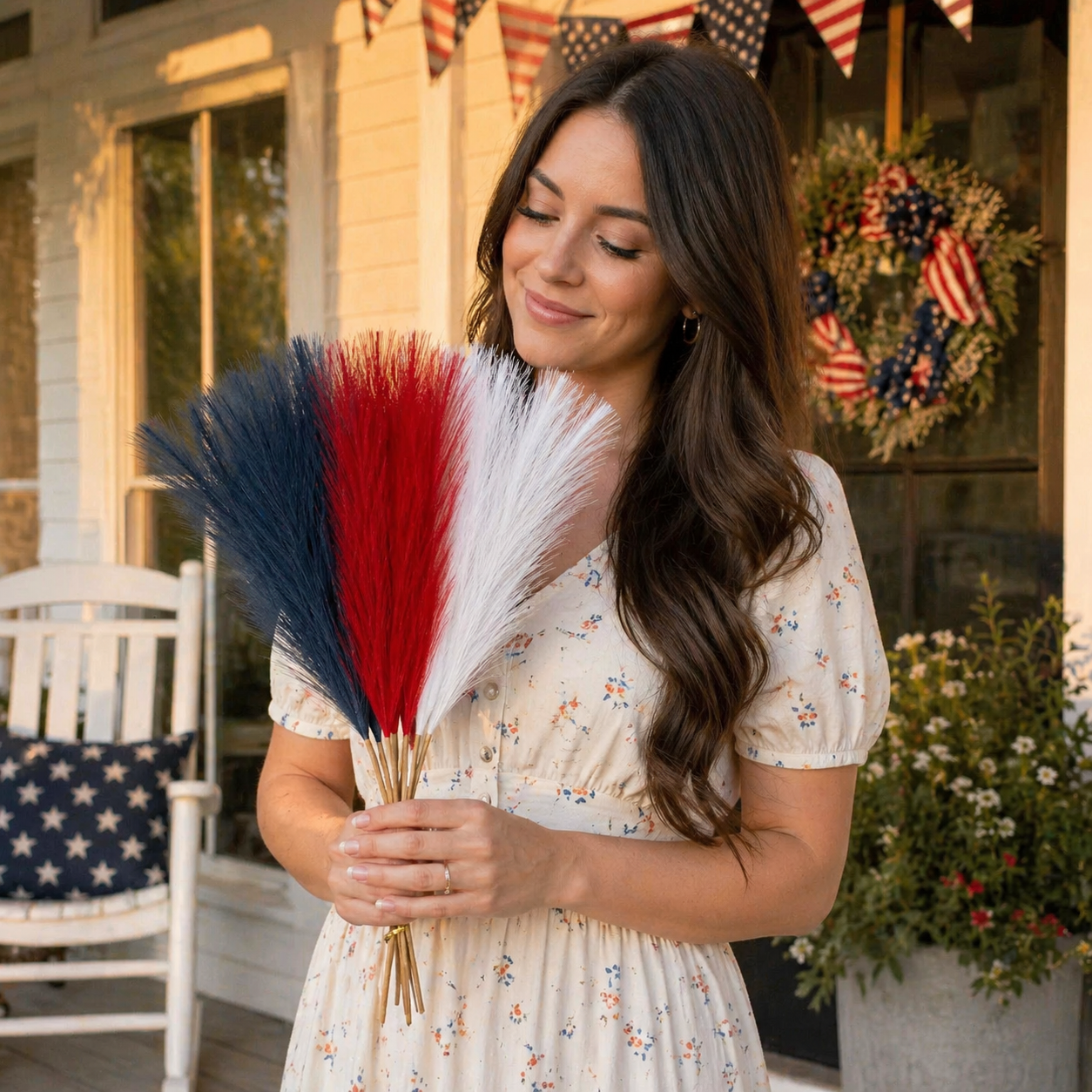Patriotic Independence Day Decoration - Red, White and Blue Artificial Pampas Grass