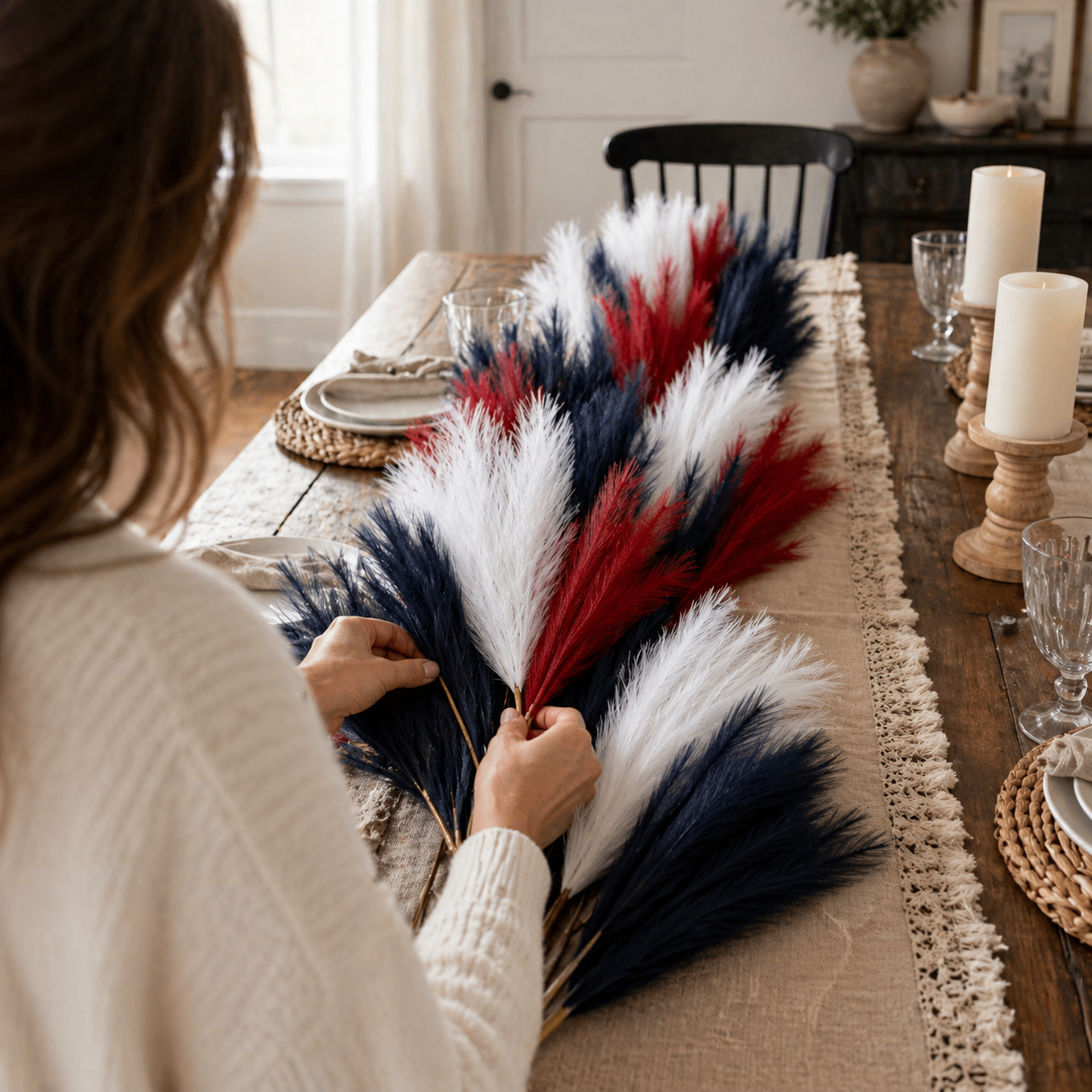 Patriotic Independence Day Decoration - Red, White and Blue Artificial Pampas Grass