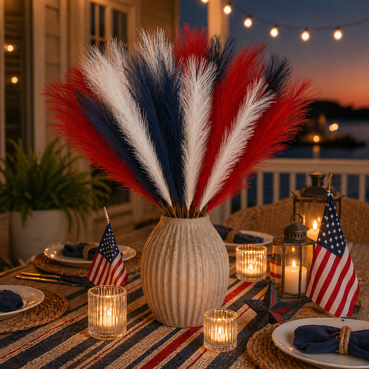 Patriotic Independence Day Decoration - Red, White and Blue Artificial Pampas Grass