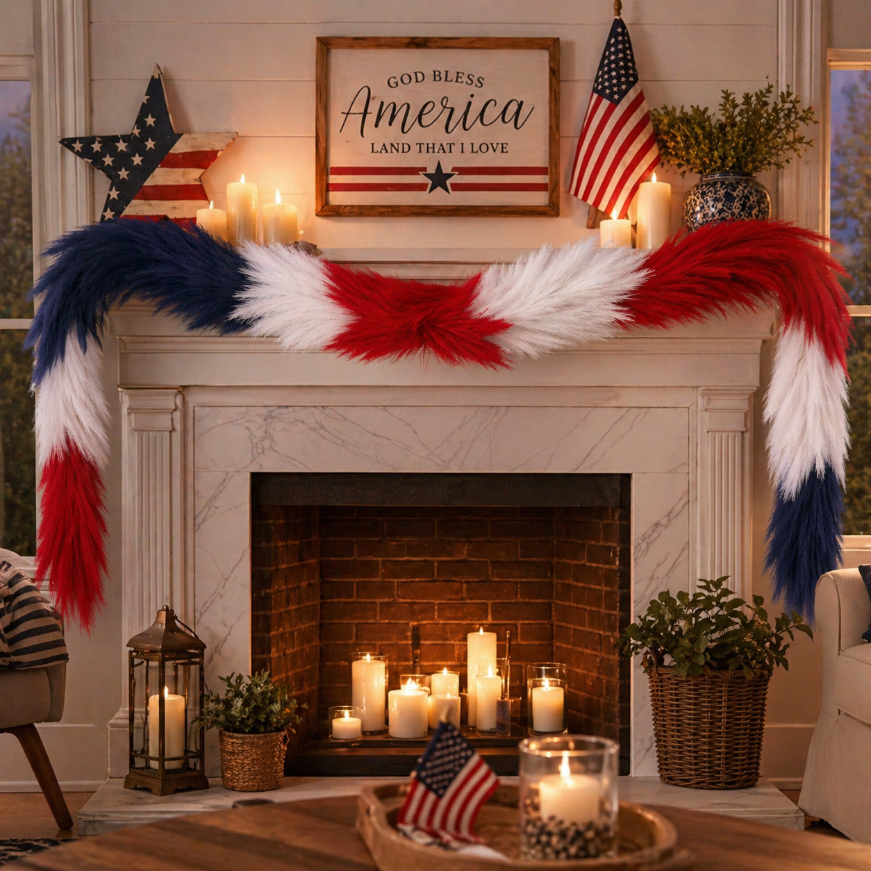 Patriotic Independence Day Decoration - Red, White and Blue Artificial Pampas Grass
