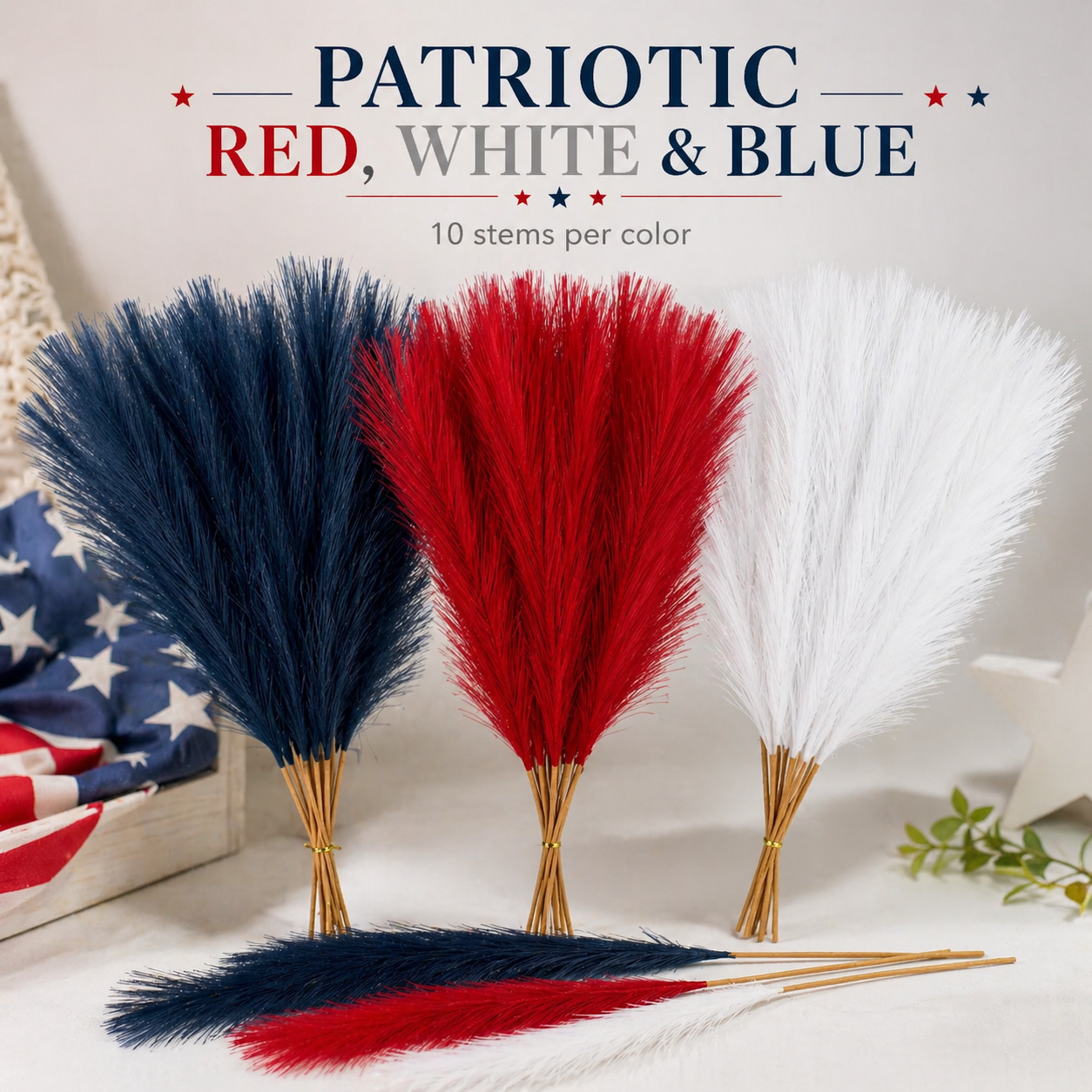 Patriotic Independence Day Decoration - Red, White and Blue Artificial Pampas Grass