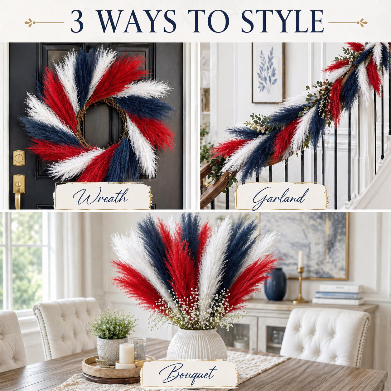 Patriotic Independence Day Decoration - Red, White and Blue Artificial Pampas Grass