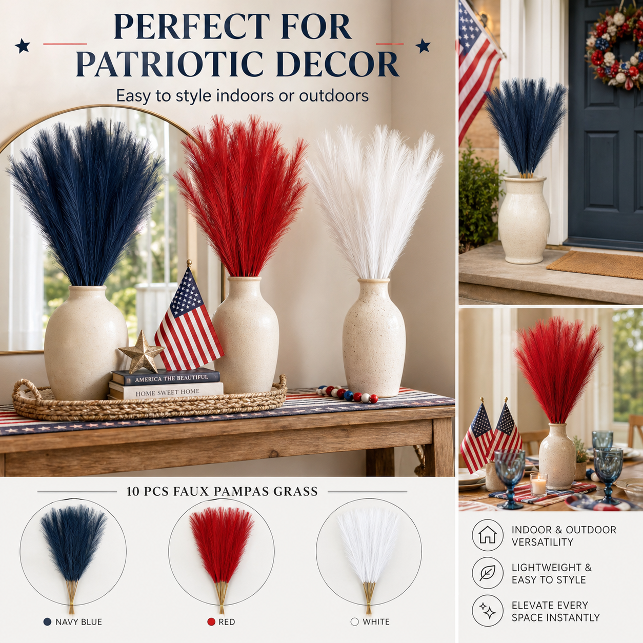 Patriotic Independence Day Decoration - Red, White and Blue Artificial Pampas Grass