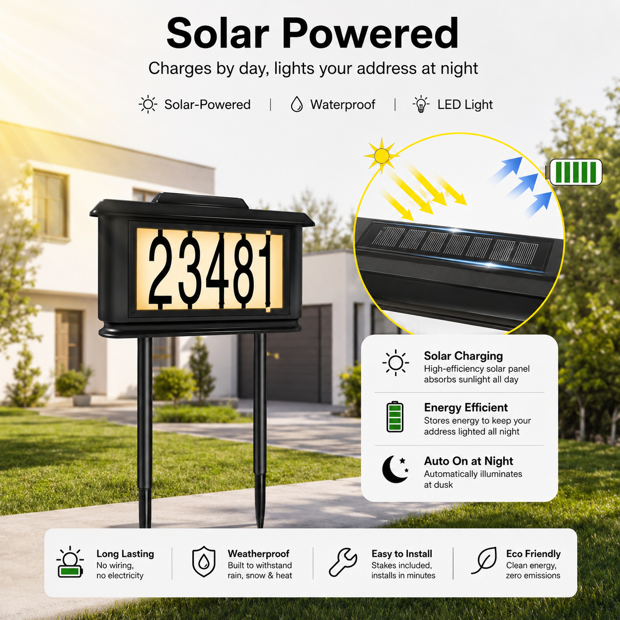 Solar LED House Number Stake Light – Waterproof Outdoor Address Sign for Lawn & Garden