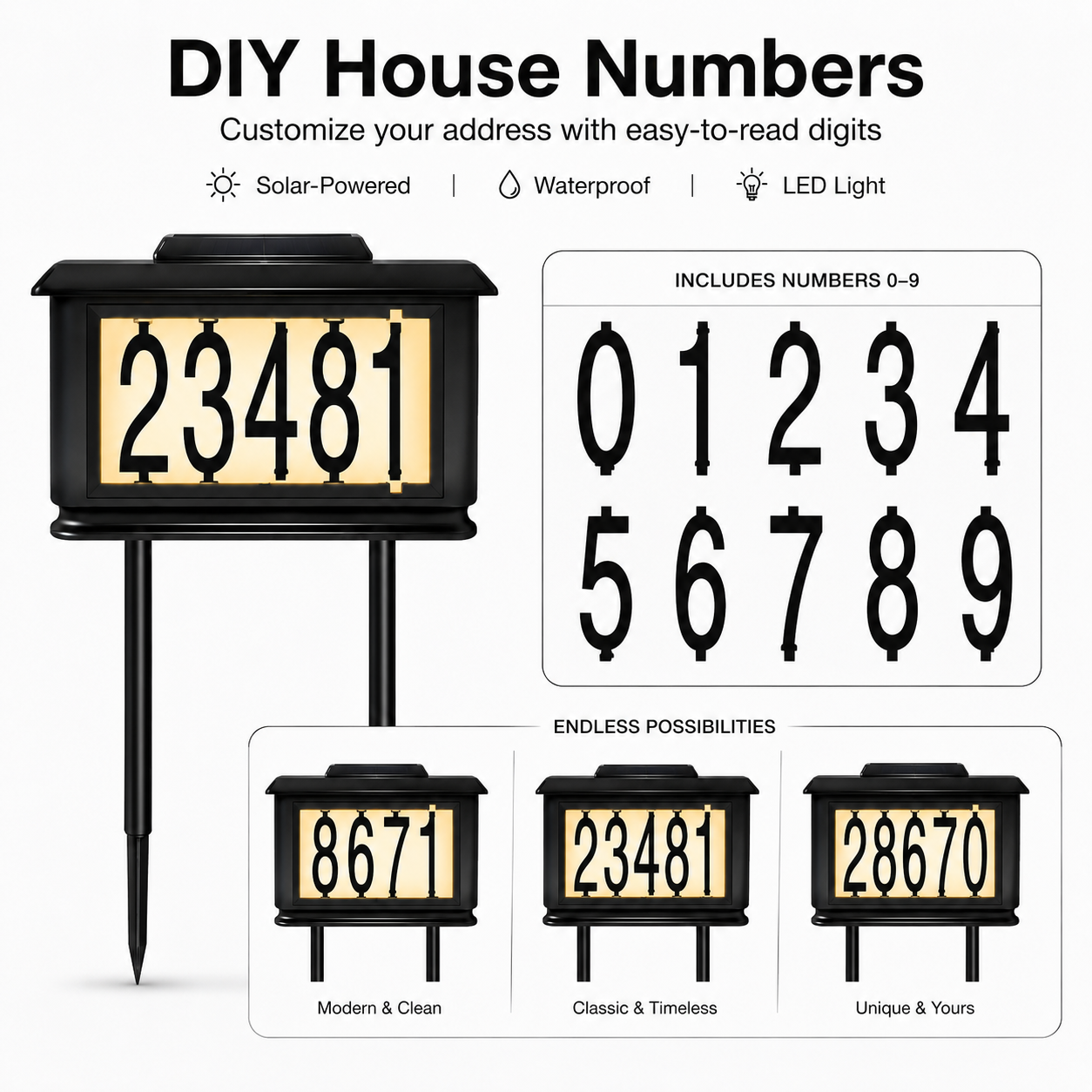 Solar LED House Number Stake Light – Waterproof Outdoor Address Sign for Lawn & Garden