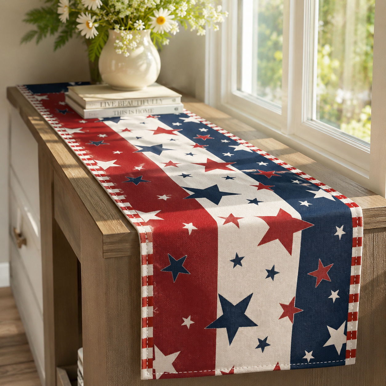 Patriotic Tablecloths And Placemats In Red, White And Blue With a July 4th Theme