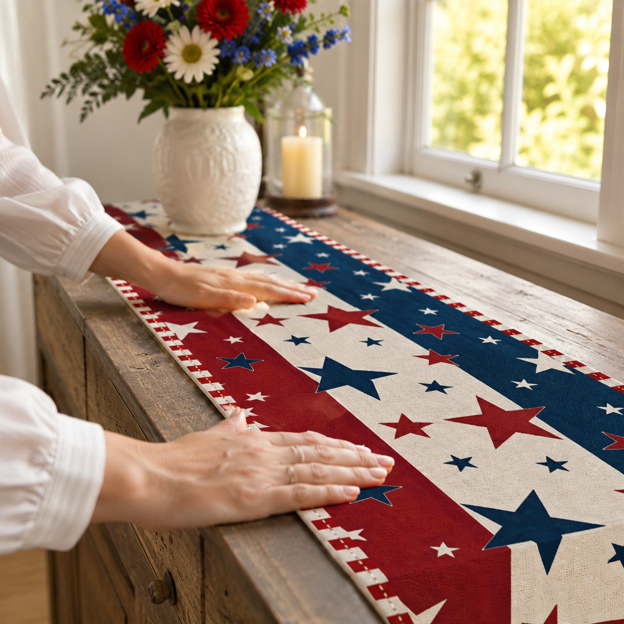 Patriotic Tablecloths And Placemats In Red, White And Blue With a July 4th Theme