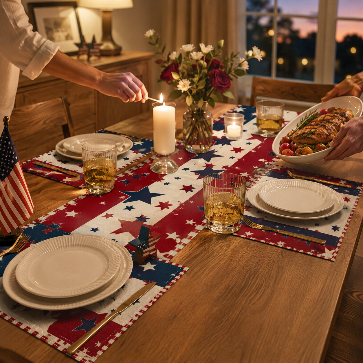 Patriotic Tablecloths And Placemats In Red, White And Blue With a July 4th Theme